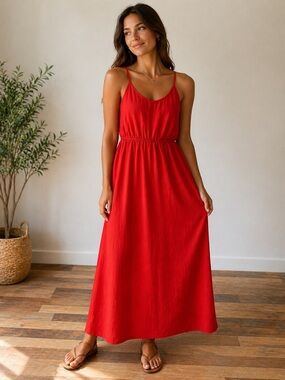 Bright Red Halter Maxi Dress Boho Summer Vacation Resort Dress Size approx S/M
